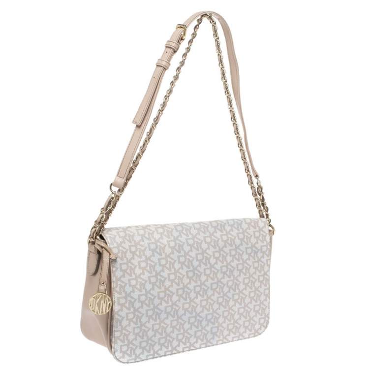 Pre Owned Dkny Beige/White Signature Coated Canvas and Leather Flap Shoulder Bag