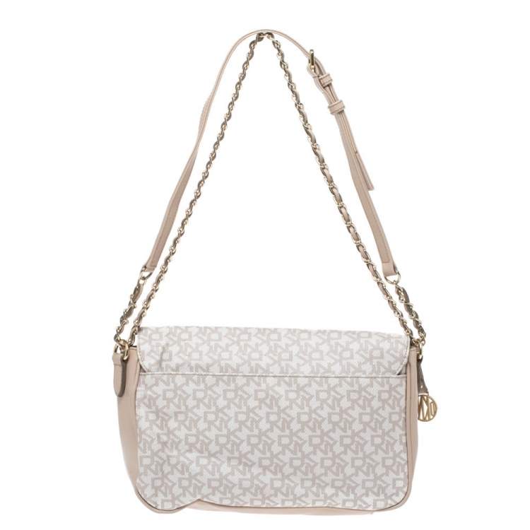 Pre Owned Dkny Beige/White Signature Coated Canvas and Leather Flap Shoulder Bag