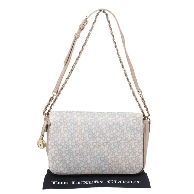 Pre Owned Dkny Beige/White Signature Coated Canvas and Leather Flap Shoulder Bag