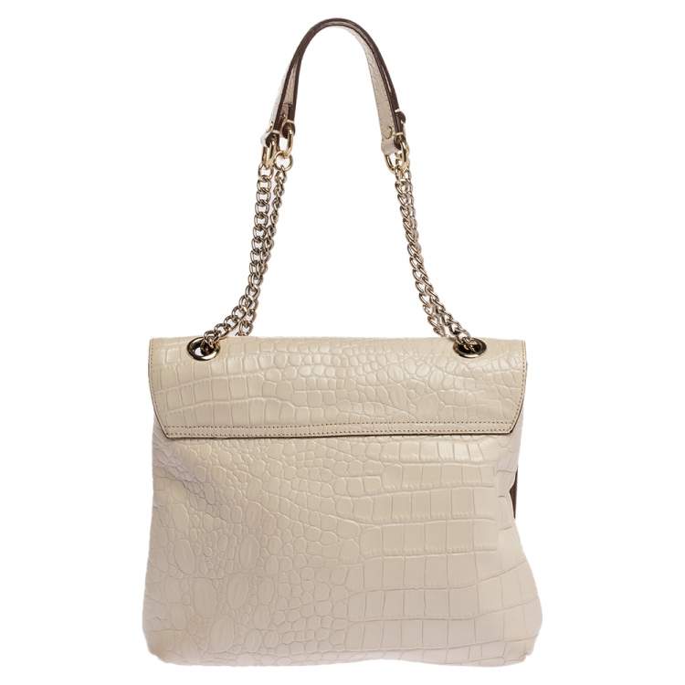 Pre Owned Dkny White Croc Embossed Leather Flap Shoulder Bag