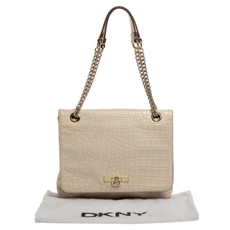 Pre Owned Dkny White Croc Embossed Leather Flap Shoulder Bag