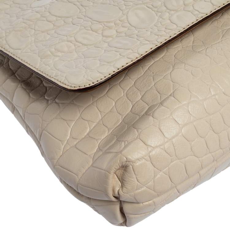 Pre Owned Dkny White Croc Embossed Leather Flap Shoulder Bag