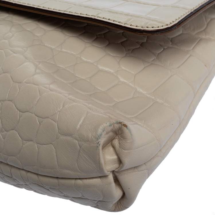 Pre Owned Dkny White Croc Embossed Leather Flap Shoulder Bag