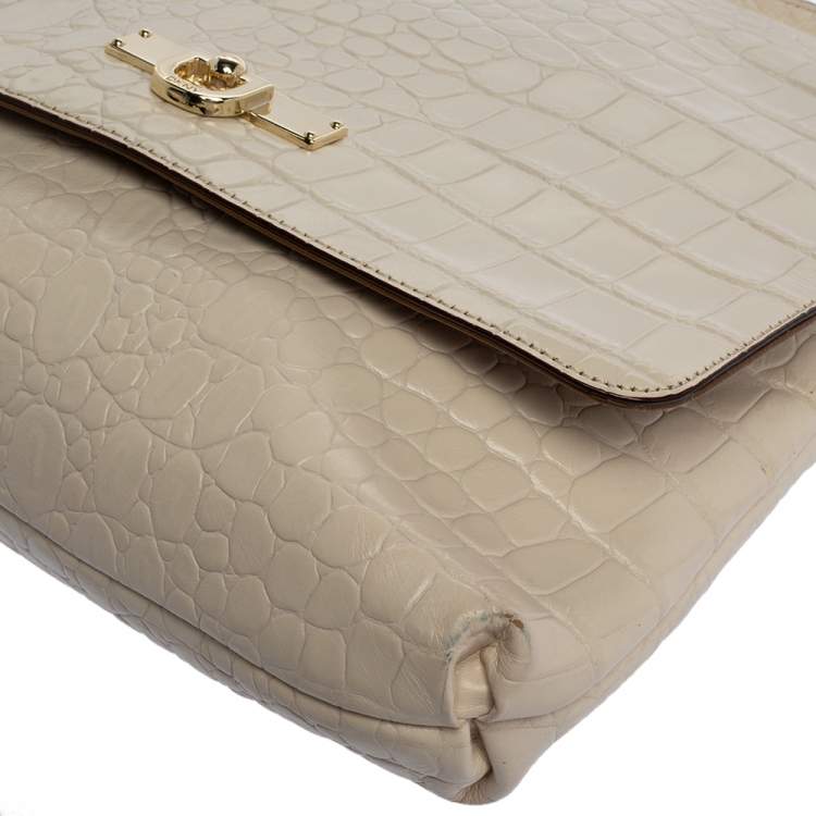 Pre Owned Dkny White Croc Embossed Leather Flap Shoulder Bag