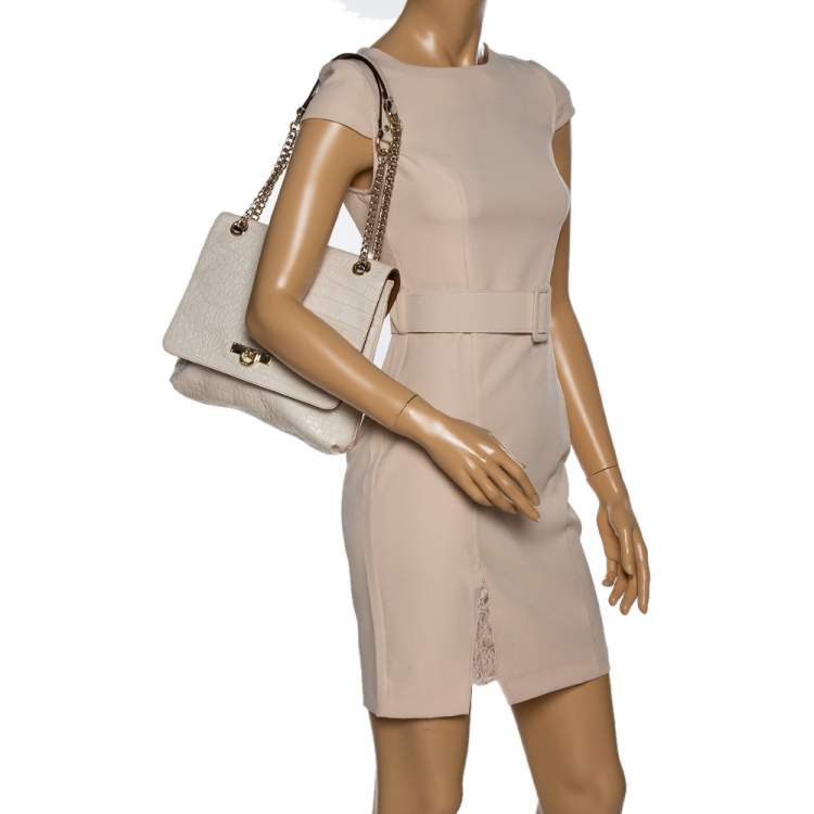 Pre Owned Dkny White Croc Embossed Leather Flap Shoulder Bag