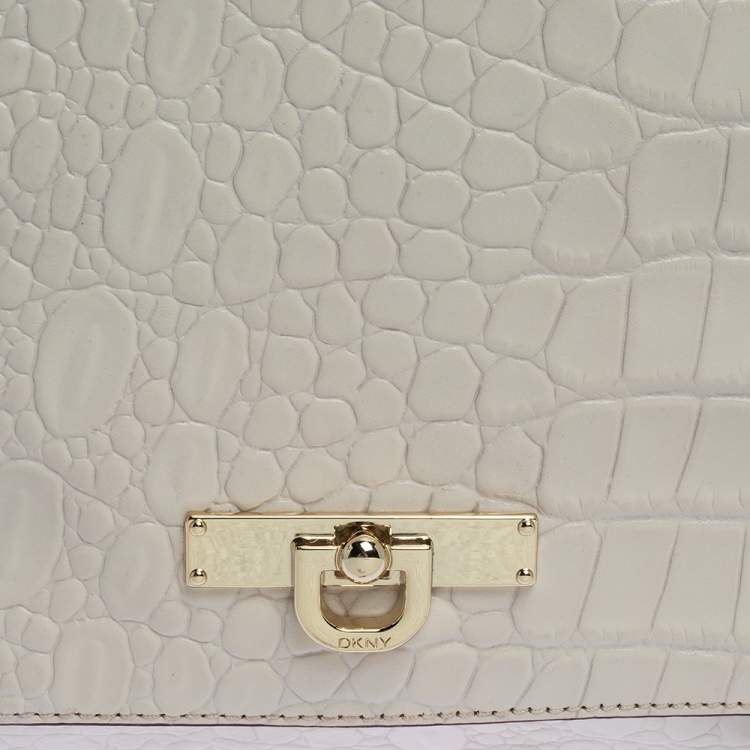 Pre Owned Dkny White Croc Embossed Leather Flap Shoulder Bag