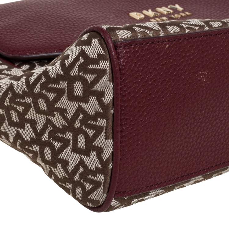 Pre Owned DKNY Burgundy/Beige Signature Canvas and Leather Noho Flap Shoulder Bag