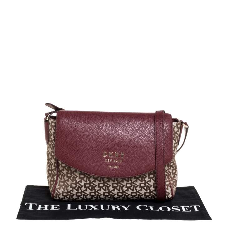 Pre Owned DKNY Burgundy/Beige Signature Canvas and Leather Noho Flap Shoulder Bag