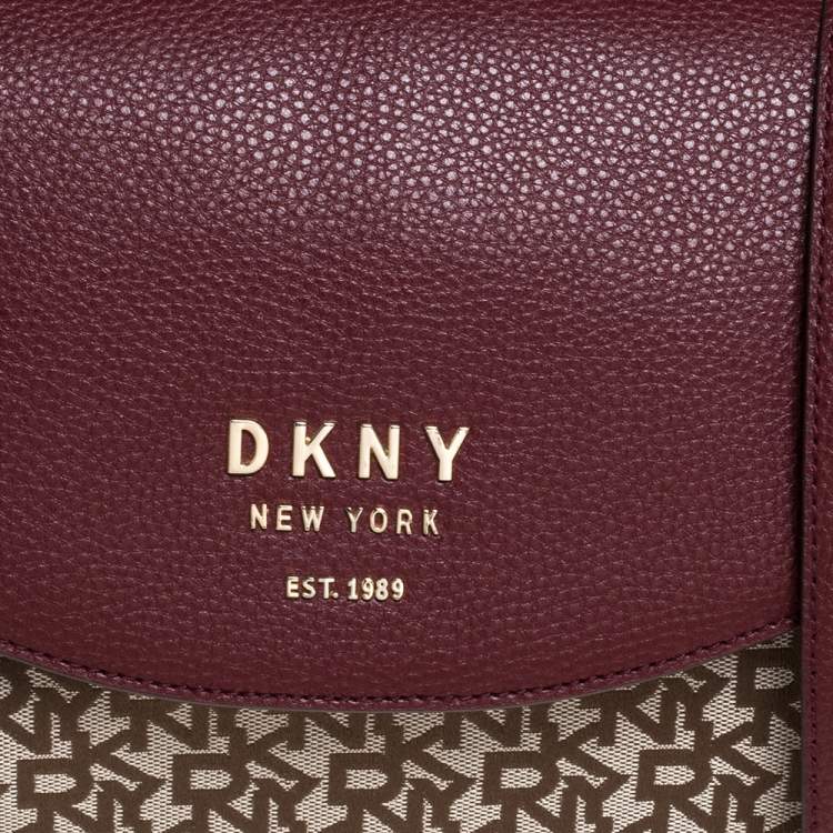 Pre Owned DKNY Burgundy/Beige Signature Canvas and Leather Noho Flap Shoulder Bag