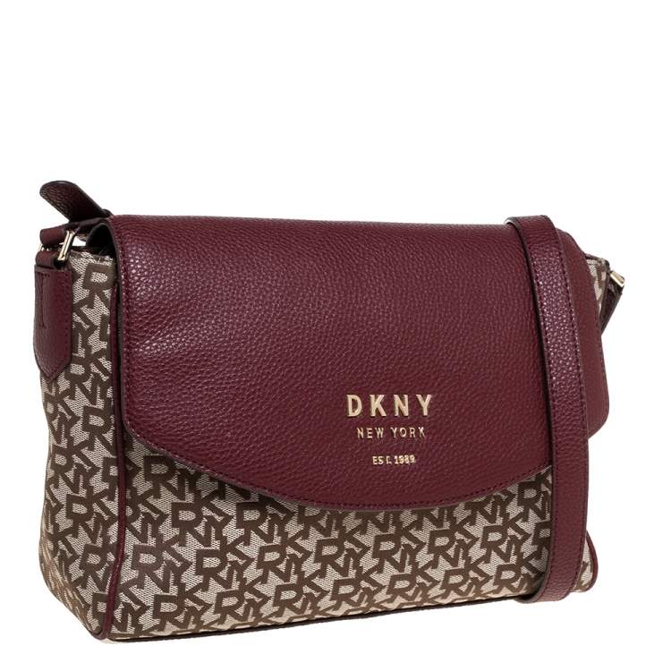 Pre Owned DKNY Burgundy/Beige Signature Canvas and Leather Noho Flap Shoulder Bag