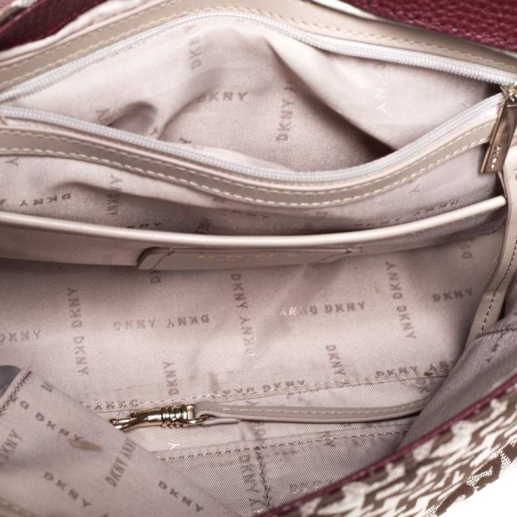 Pre Owned DKNY Burgundy/Beige Signature Canvas and Leather Noho Flap Shoulder Bag