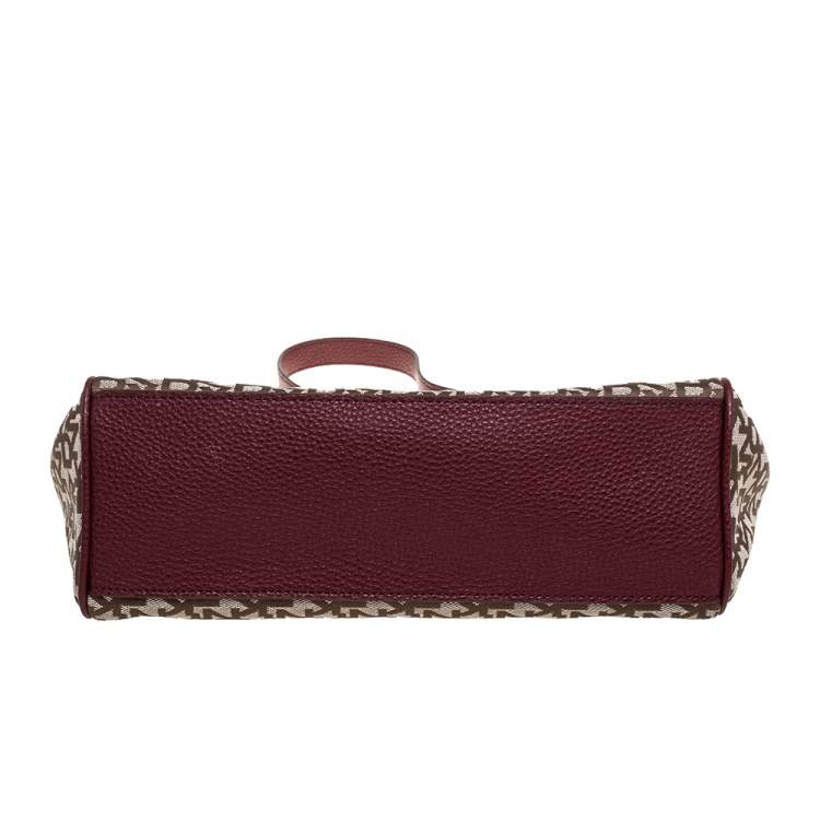 Pre Owned DKNY Burgundy/Beige Signature Canvas and Leather Noho Flap Shoulder Bag