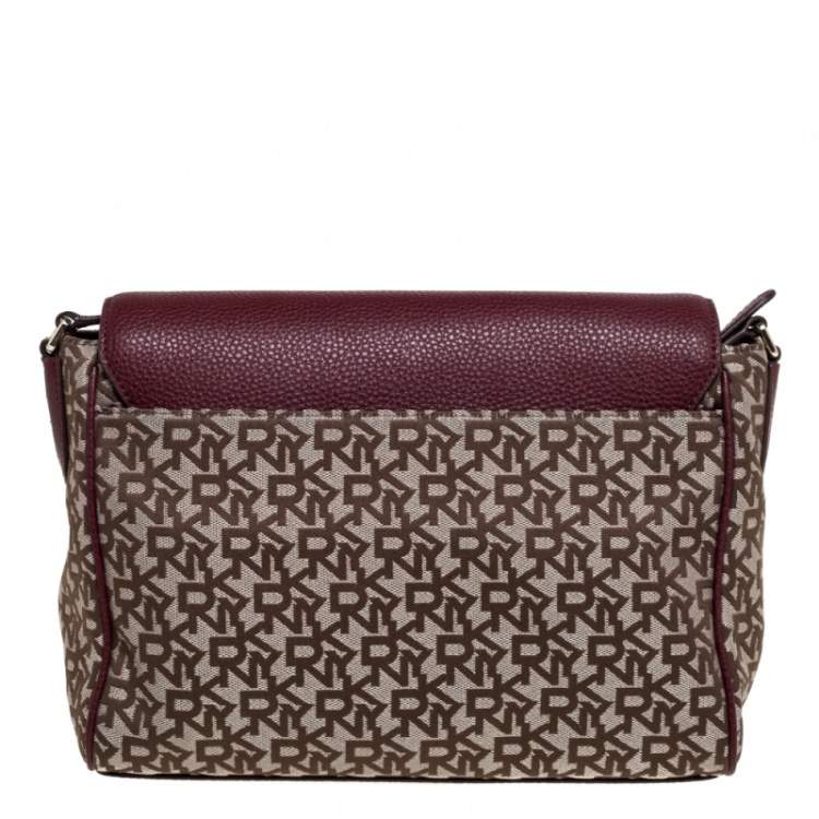Pre Owned DKNY Burgundy/Beige Signature Canvas and Leather Noho Flap Shoulder Bag