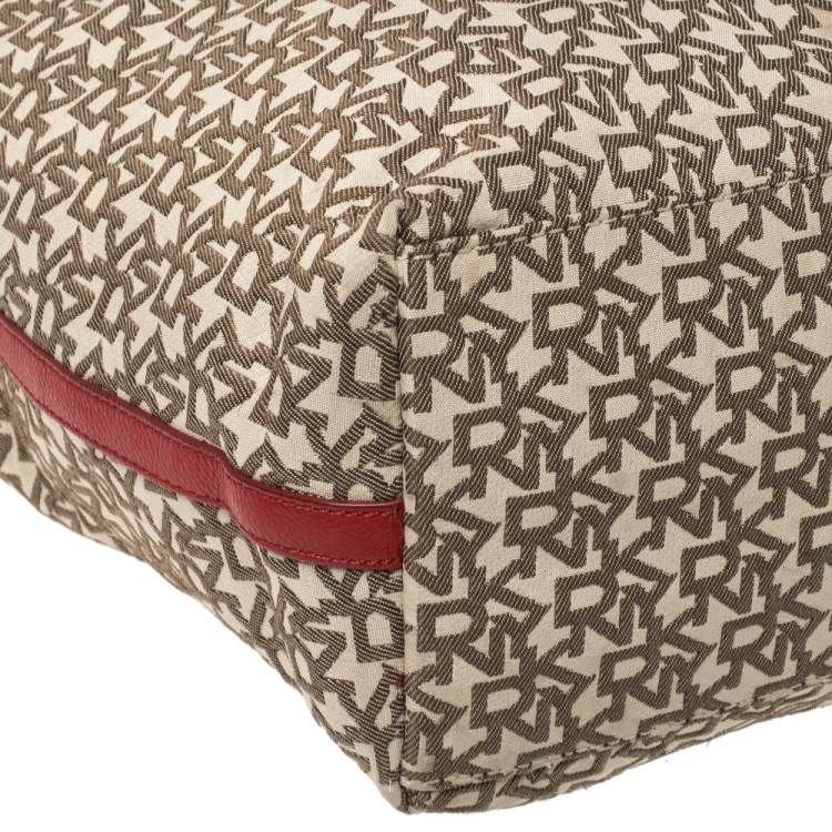 Pre Owned Dkny Beige/Red Signature Canvas and Leather Zip Tote