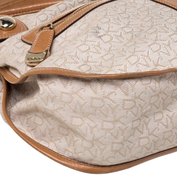 Pre Owned Dkny Beige/Tan Signature Canvas and Leather Hobo