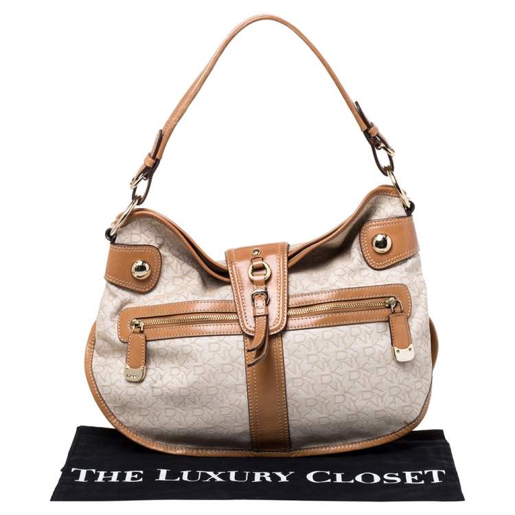 Pre Owned Dkny Beige/Tan Signature Canvas and Leather Hobo