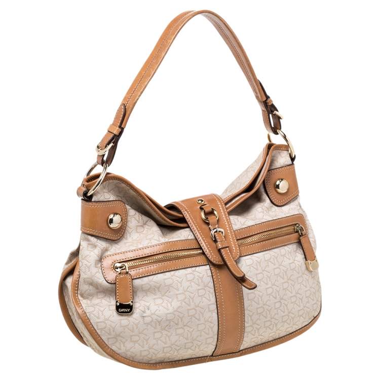 Pre Owned Dkny Beige/Tan Signature Canvas and Leather Hobo