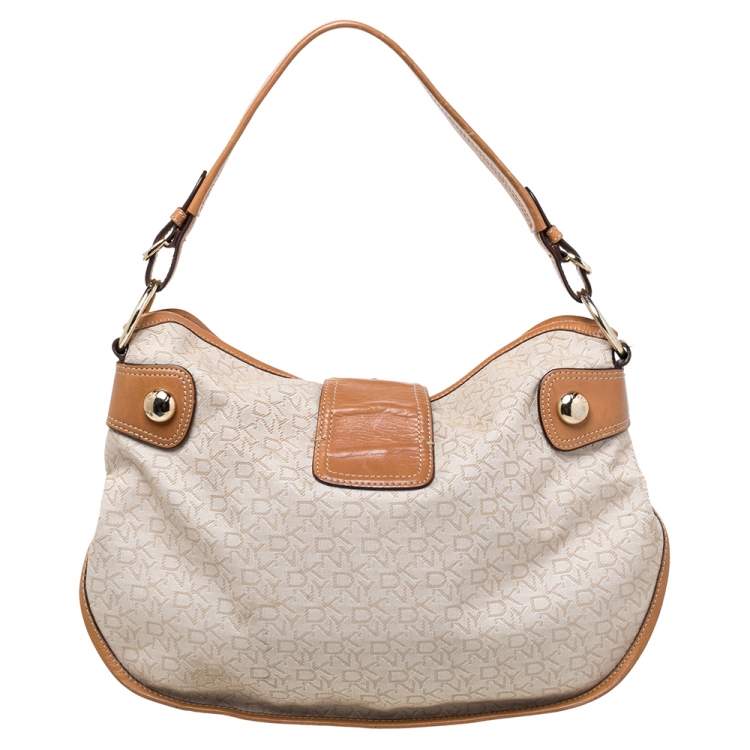Pre Owned Dkny Beige/Tan Signature Canvas and Leather Hobo