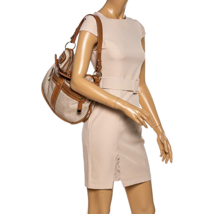 Pre Owned Dkny Beige/Tan Signature Canvas and Leather Hobo