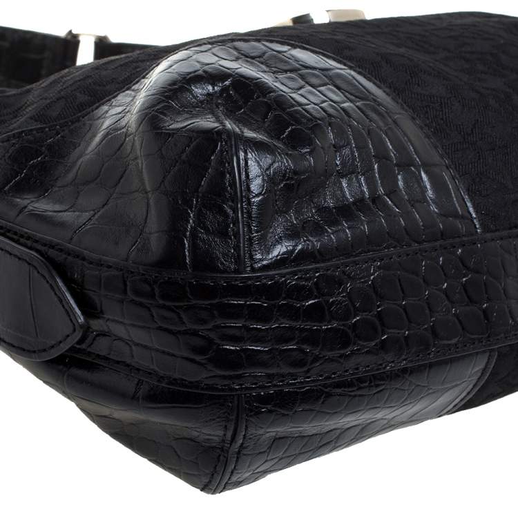 Pre Owned Dkny Black Signature Canvas and Croc Embossed Leather Buckle Hobo