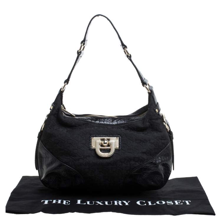 Pre Owned Dkny Black Signature Canvas and Croc Embossed Leather Buckle Hobo