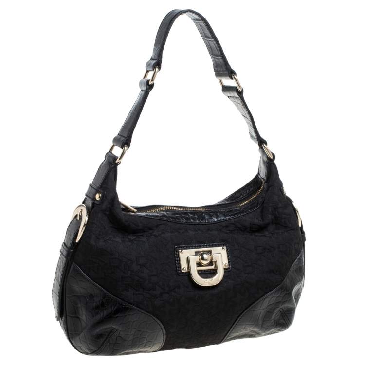 Pre Owned Dkny Black Signature Canvas and Croc Embossed Leather Buckle Hobo