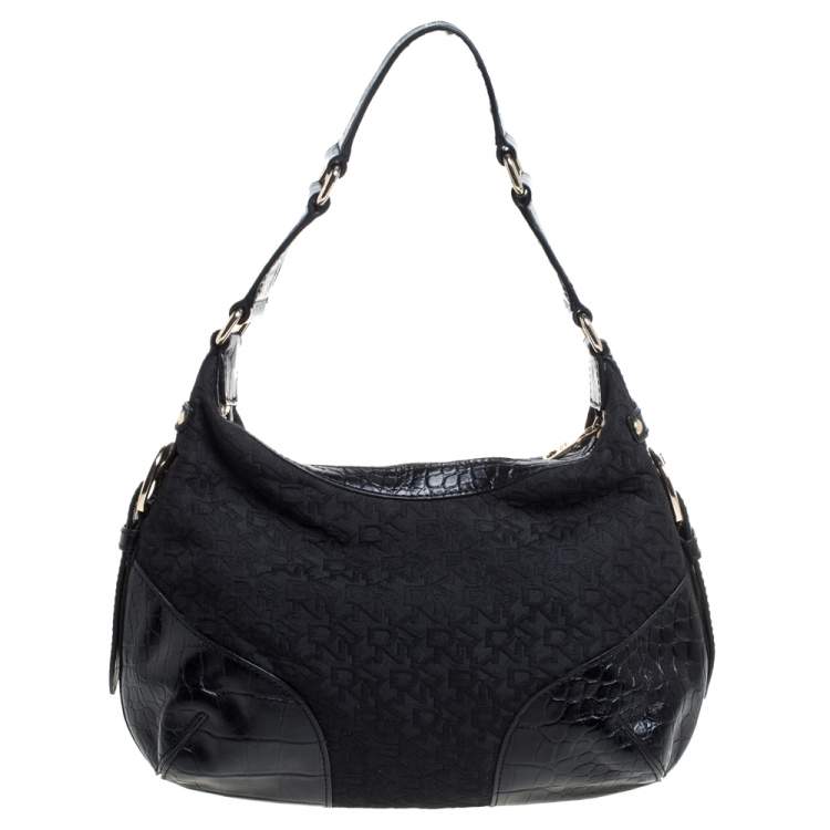 Pre Owned Dkny Black Signature Canvas and Croc Embossed Leather Buckle Hobo