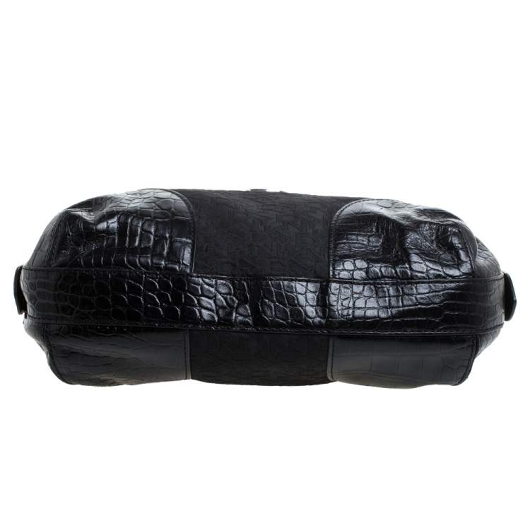 Pre Owned Dkny Black Signature Canvas and Croc Embossed Leather Buckle Hobo