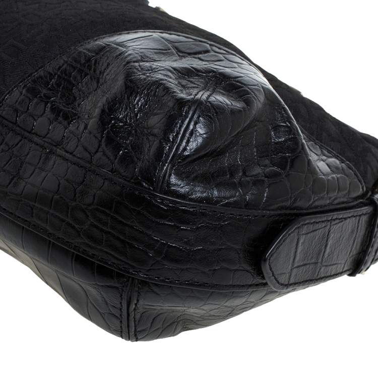 Pre Owned Dkny Black Signature Canvas and Croc Embossed Leather Buckle Hobo