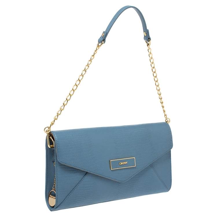 Pre Owned Dkny Blue Croc Embossed Leather Chain Shoulder Bag