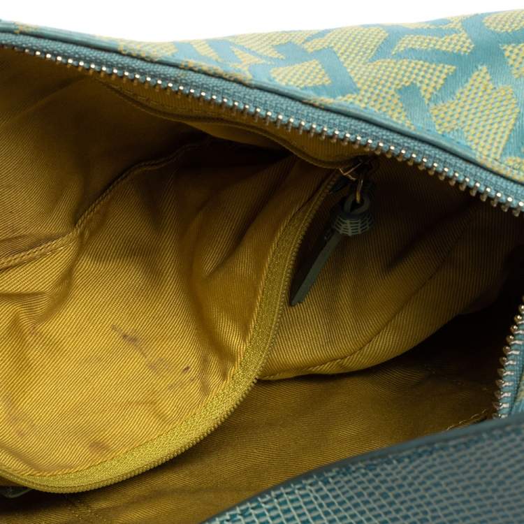 Pre Owned Dkny Blue/Yellow Monogram Canvas and Lizard Embossed Leather Hobo