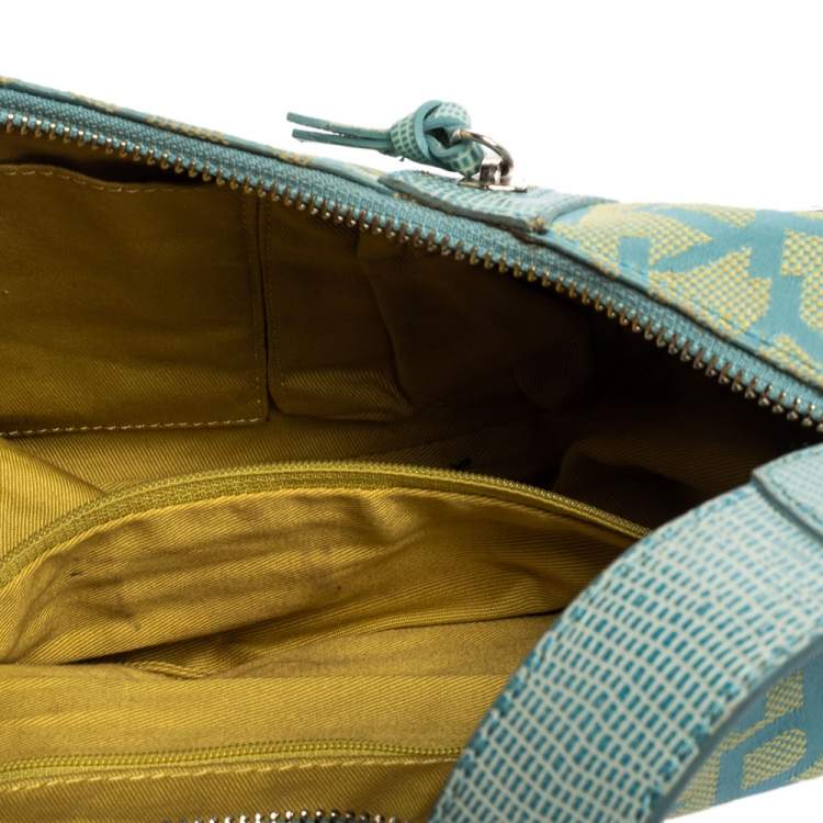 Pre Owned Dkny Blue/Yellow Monogram Canvas and Lizard Embossed Leather Hobo