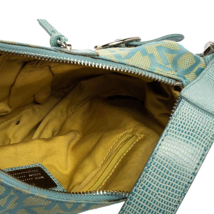 Pre Owned Dkny Blue/Yellow Monogram Canvas and Lizard Embossed Leather Hobo