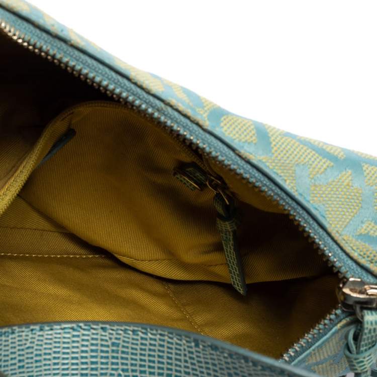 Pre Owned Dkny Blue/Yellow Monogram Canvas and Lizard Embossed Leather Hobo