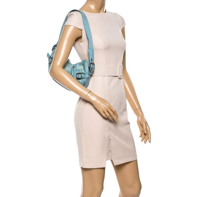 Pre Owned Dkny Blue/Yellow Monogram Canvas and Lizard Embossed Leather Hobo