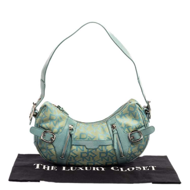 Pre Owned Dkny Blue/Yellow Monogram Canvas and Lizard Embossed Leather Hobo