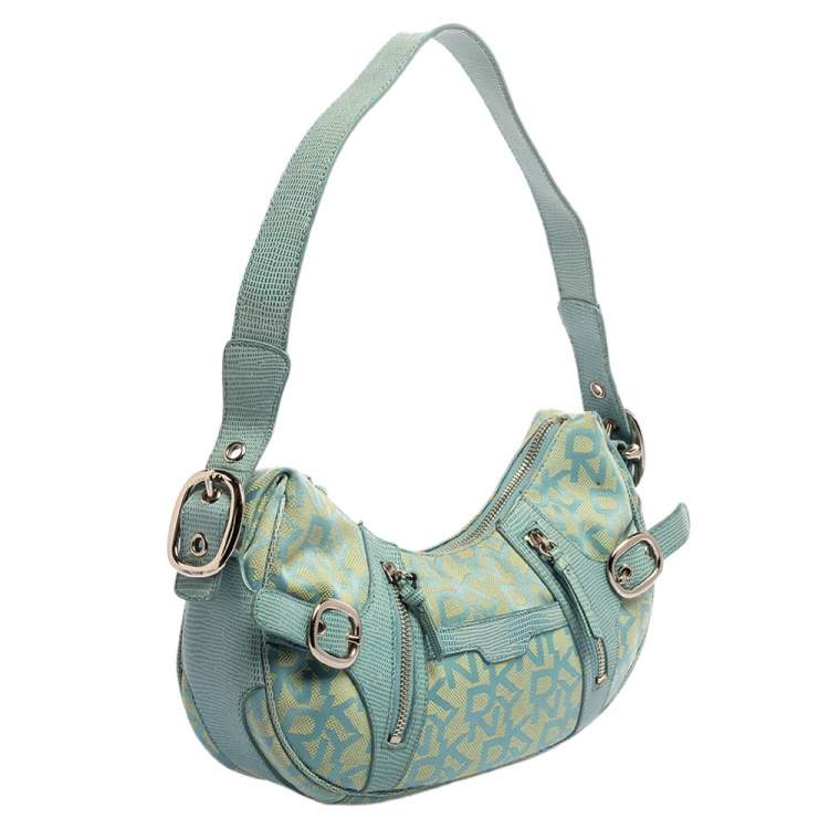 Pre Owned Dkny Blue/Yellow Monogram Canvas and Lizard Embossed Leather Hobo