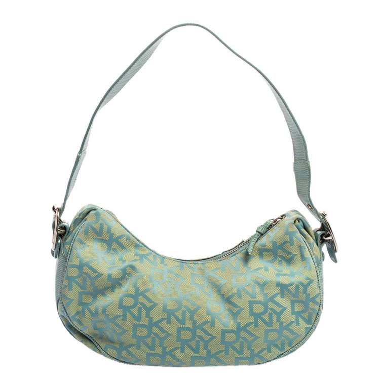 Pre Owned Dkny Blue/Yellow Monogram Canvas and Lizard Embossed Leather Hobo