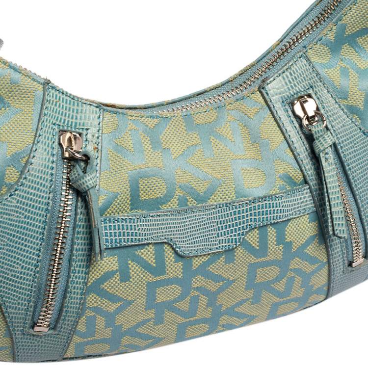 Pre Owned Dkny Blue/Yellow Monogram Canvas and Lizard Embossed Leather Hobo