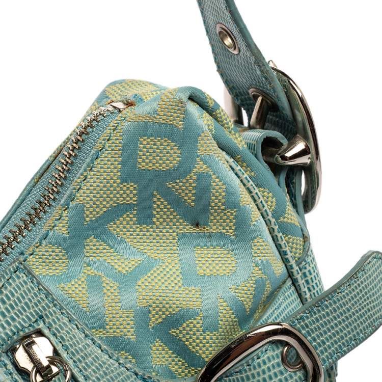 Pre Owned Dkny Blue/Yellow Monogram Canvas and Lizard Embossed Leather Hobo