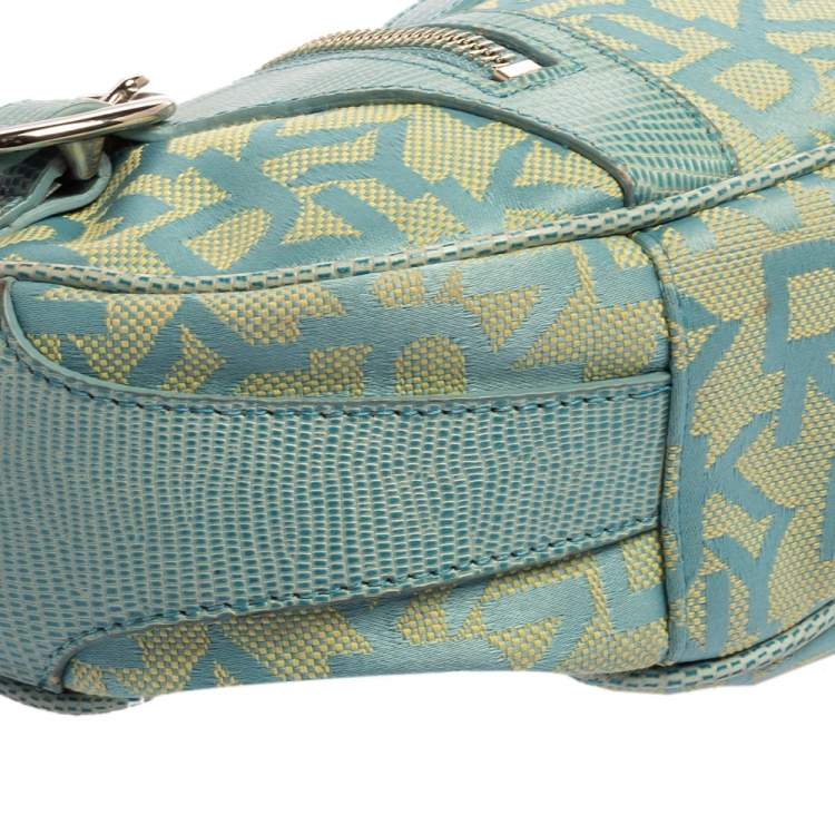 Pre Owned Dkny Blue/Yellow Monogram Canvas and Lizard Embossed Leather Hobo