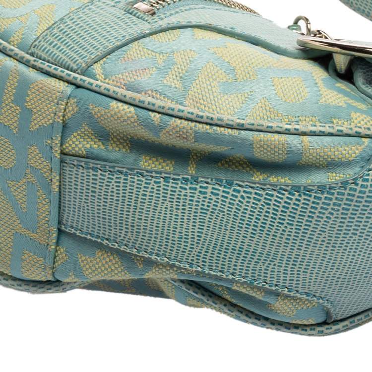 Pre Owned Dkny Blue/Yellow Monogram Canvas and Lizard Embossed Leather Hobo