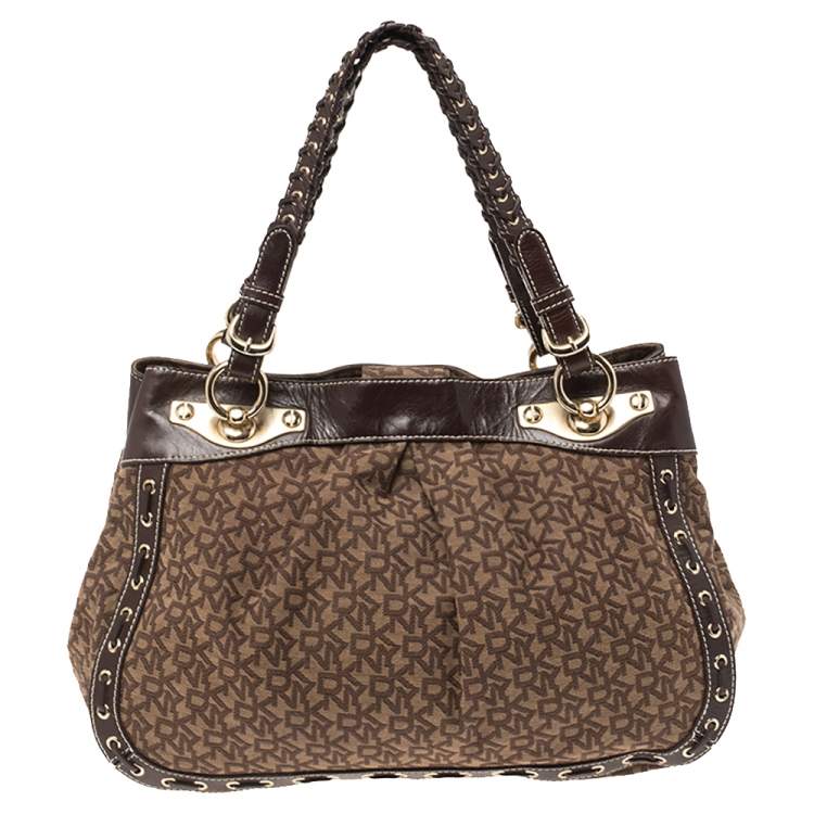 Pre Owned Dkny Brown Signature Canvas and Leather Whipstitch Tote