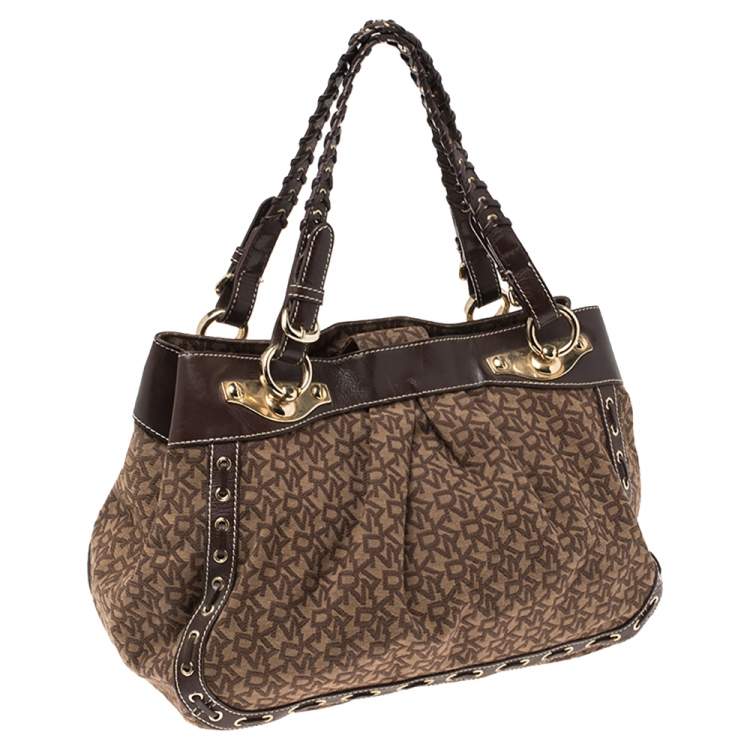 Pre Owned Dkny Brown Signature Canvas and Leather Whipstitch Tote