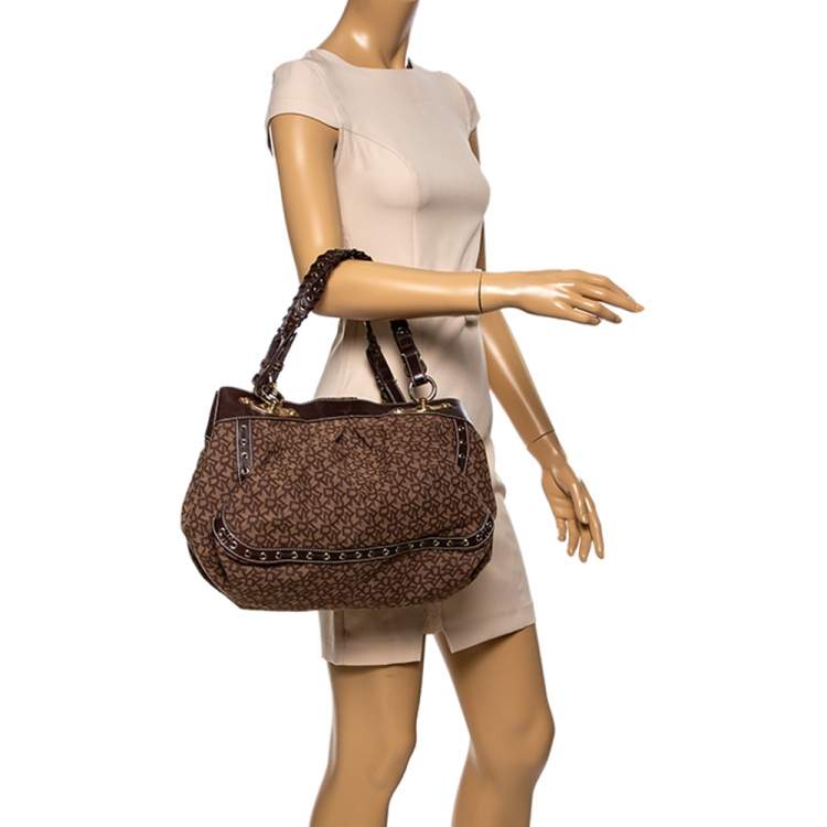 Pre Owned Dkny Brown Signature Canvas and Leather Whipstitch Tote