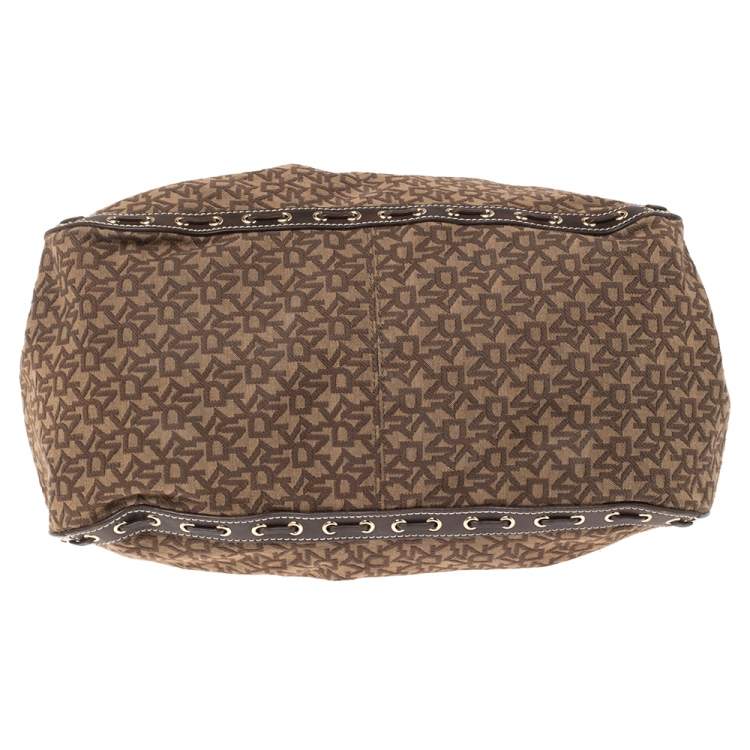 Pre Owned Dkny Brown Signature Canvas and Leather Whipstitch Tote