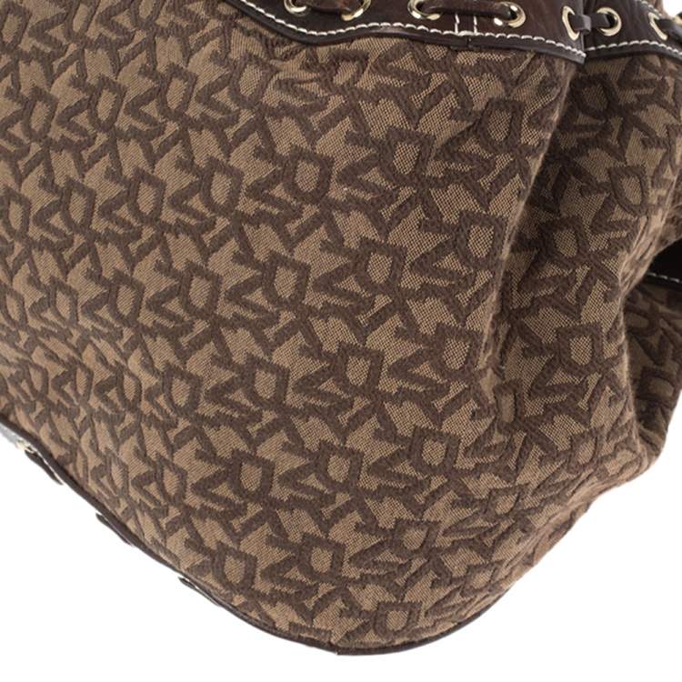 Pre Owned Dkny Brown Signature Canvas and Leather Whipstitch Tote