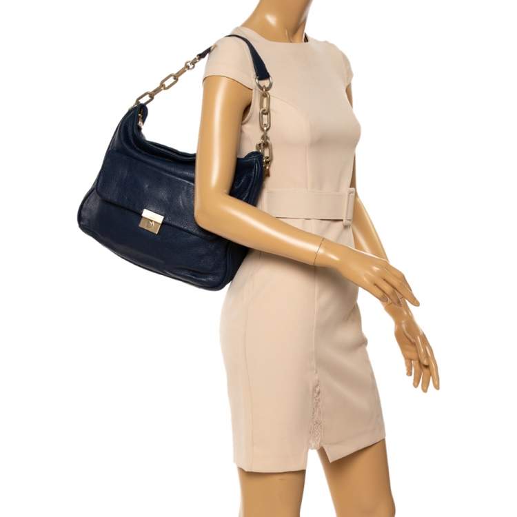 Pre Owned Dkny Navy Blue Soft Leather Front Pocket Chain Hobo