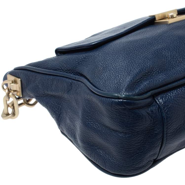 Pre Owned Dkny Navy Blue Soft Leather Front Pocket Chain Hobo