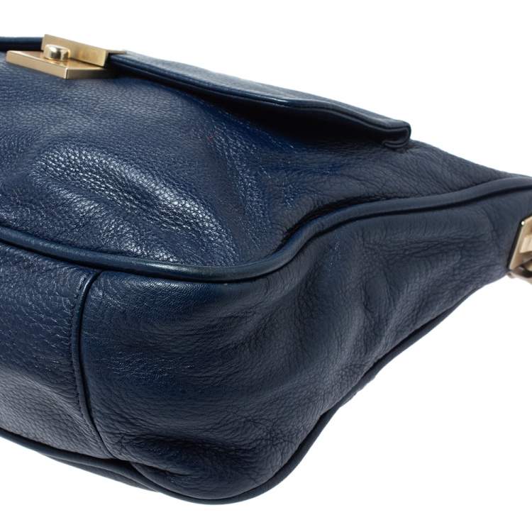 Pre Owned Dkny Navy Blue Soft Leather Front Pocket Chain Hobo